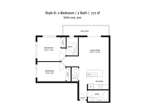 A floor plan of a residential style D 2 bedroom / 2 bath house.